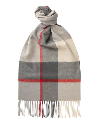 Joshua Ellis - Classic Check Hand Cut Cashmere Scarf Frothy Grey x Red